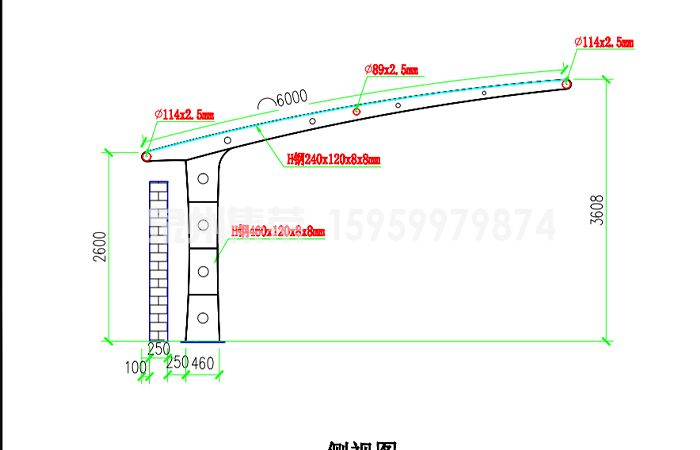 7 字型停车棚侧视结构施工图纸，钢材尺寸参数标注